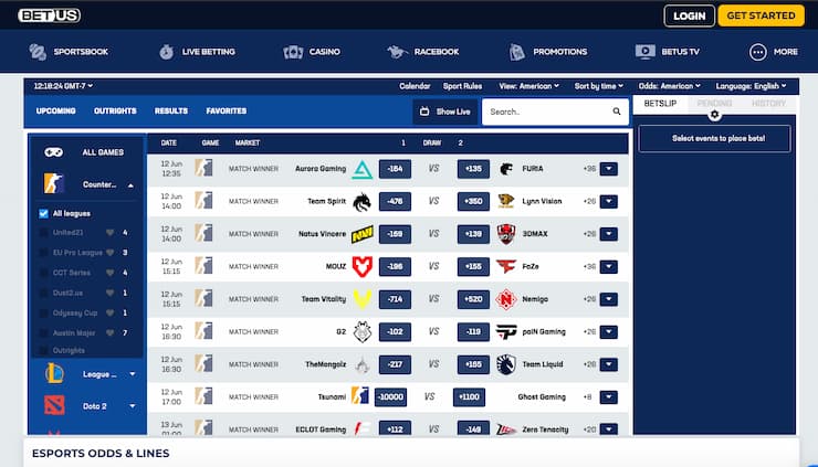 An image of the betting screen from BetUS, a popular online sportsbook among CSGO match betting sites. 